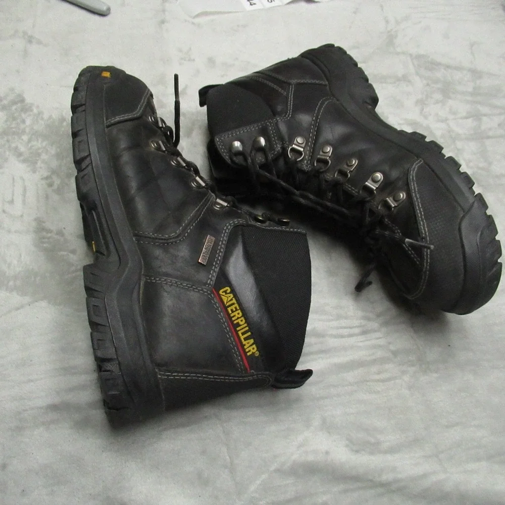 Caterpillar Men 10.5M‎ Wide Work Boots Black Steel Toe Leather Rugged Waterproof